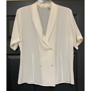 Talbots Women's 10 Sheer Blouse Cream Ivory Short Sleeve Button Flowy Feminine